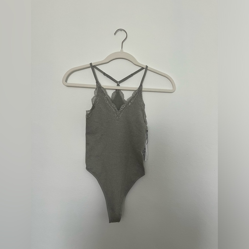 Racerback Lace Trim Ribbed Grey Bodysuit🩶